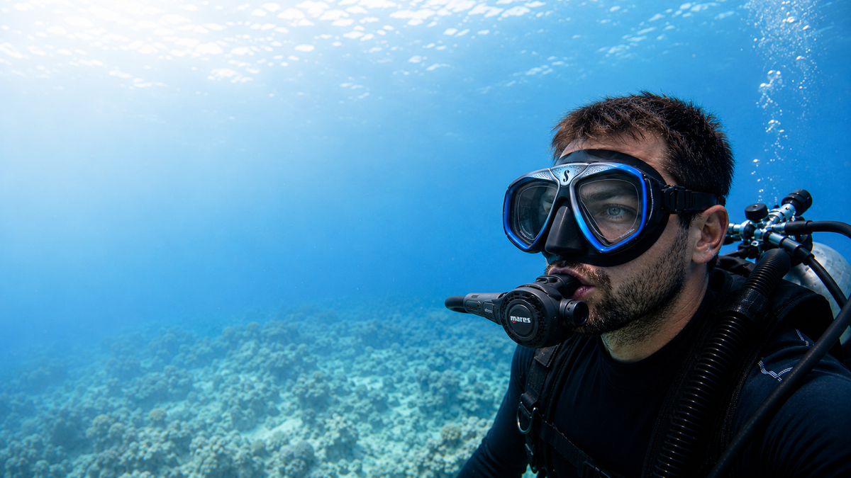 Tauchmaske mit eingeklebten Korrektionsgläsern unter Wasser