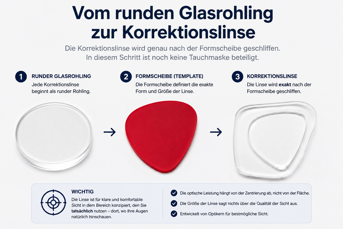Runder Glasrohling und fertig geschliffene Maskenlinse nebeneinander